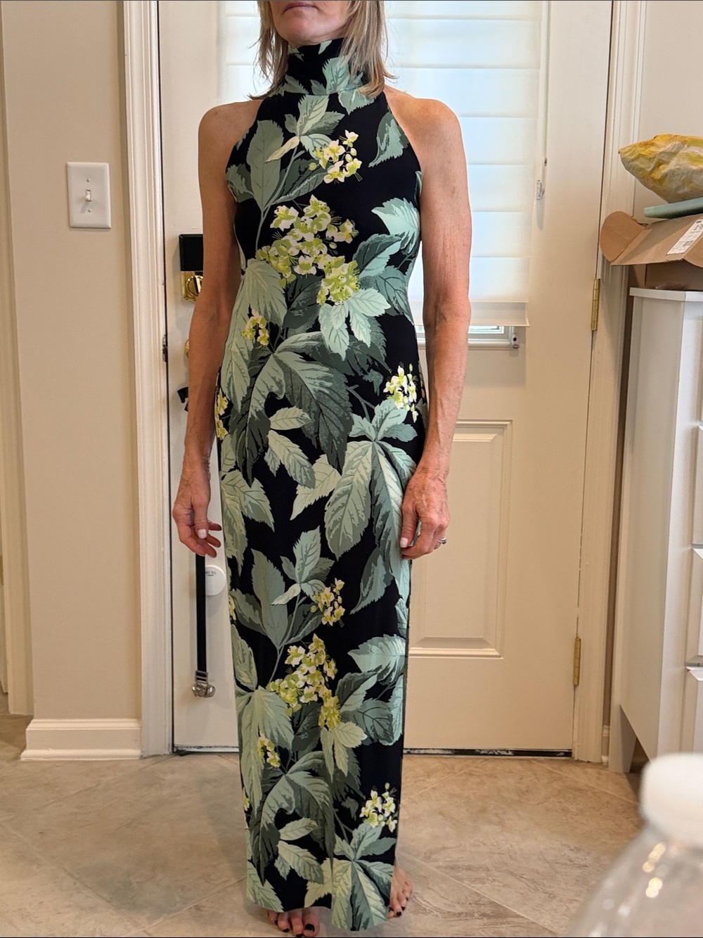 Norma Kamali Black Halter Maxi Dress with Green Leaf and Yellow Floral Print